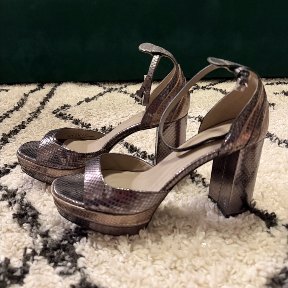All Saints Snakeskin Block Heel Sandals
